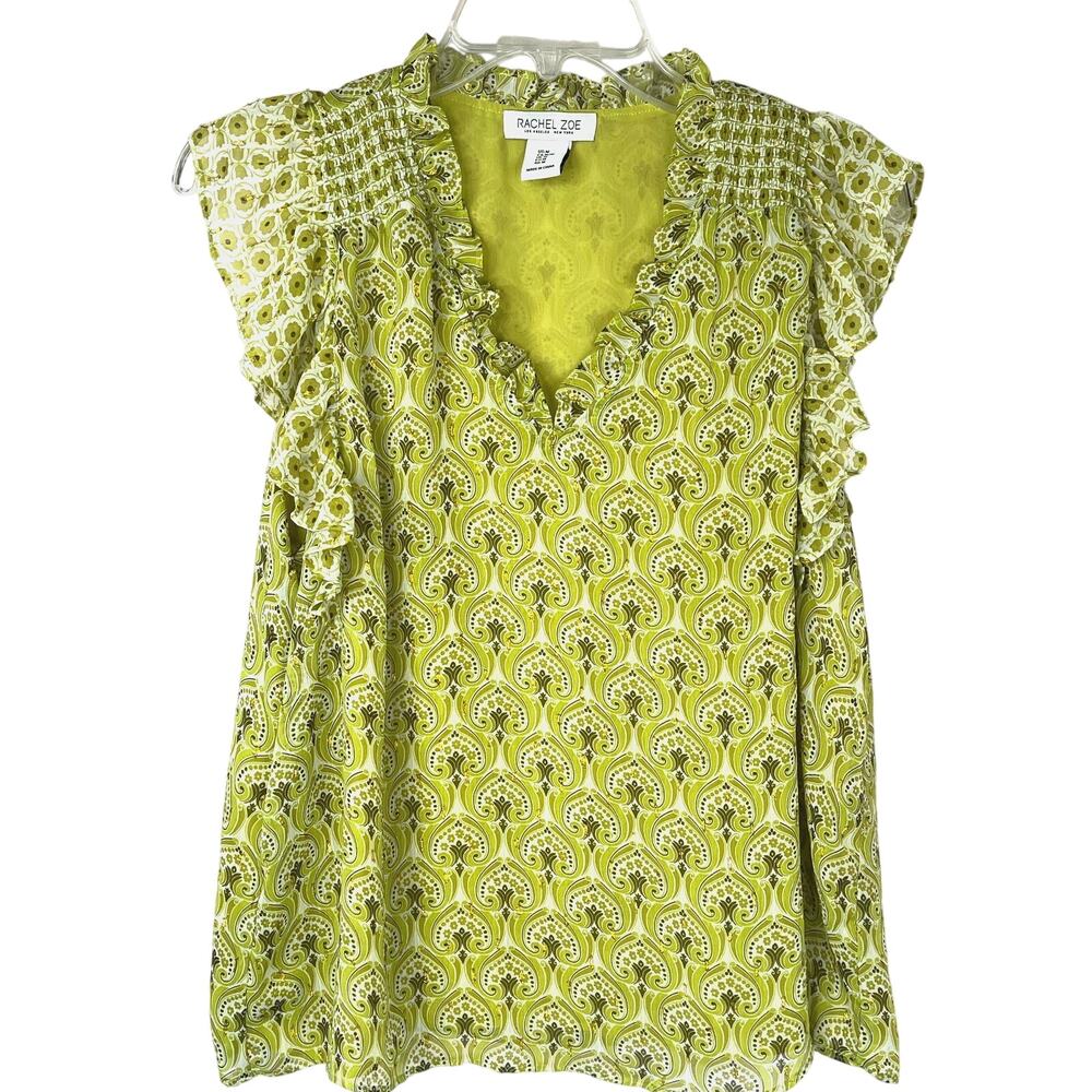 Rachel Zoe green sleeveless print top green/brown/gold, size M, EUC